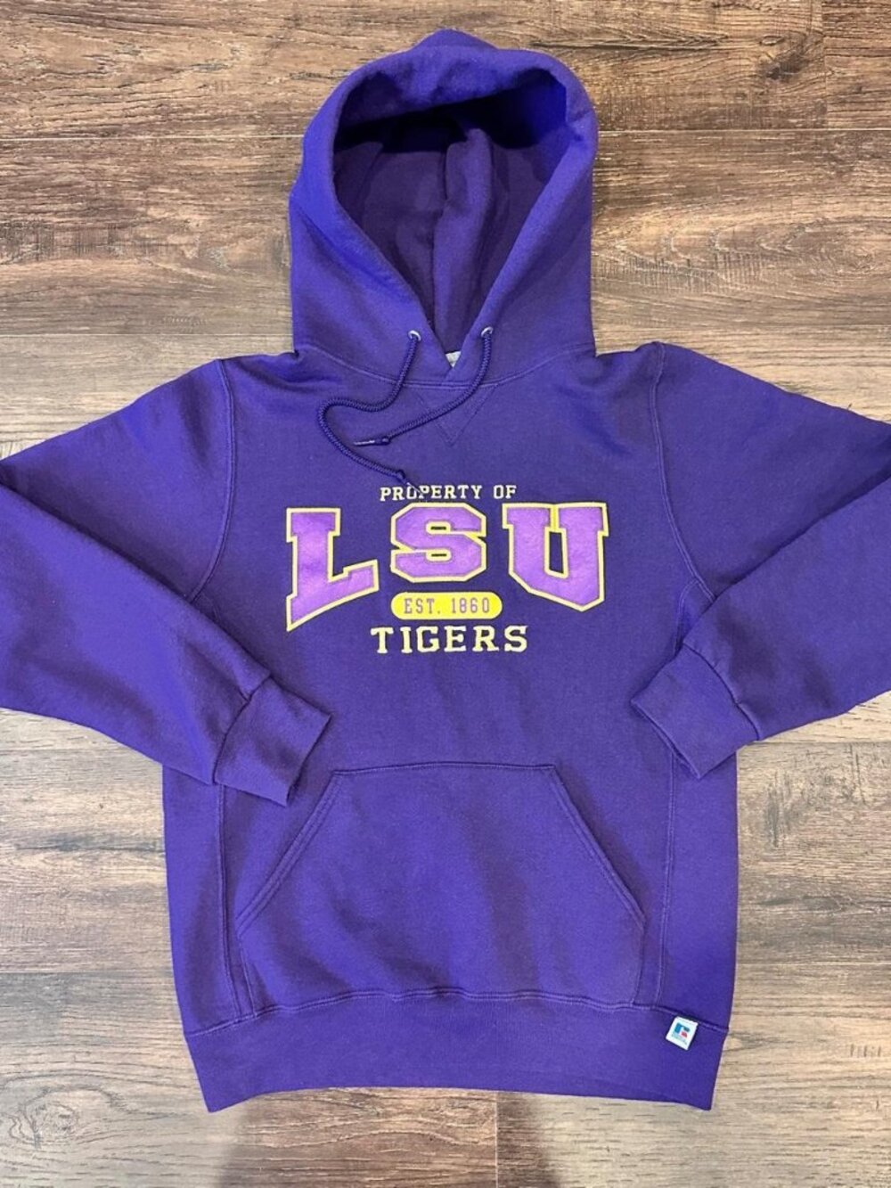 Vintage Russell Athletic LSU Tigers Purple Hoodie Yellow Logo Small